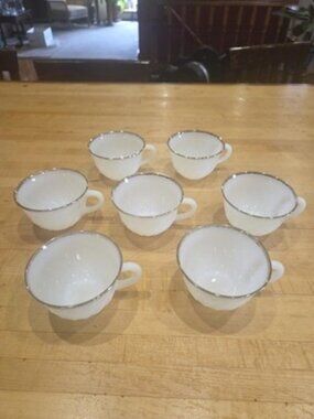 Vintage Fire King White Swirl Gold Rim Milk Glass Teacups Set of 7
